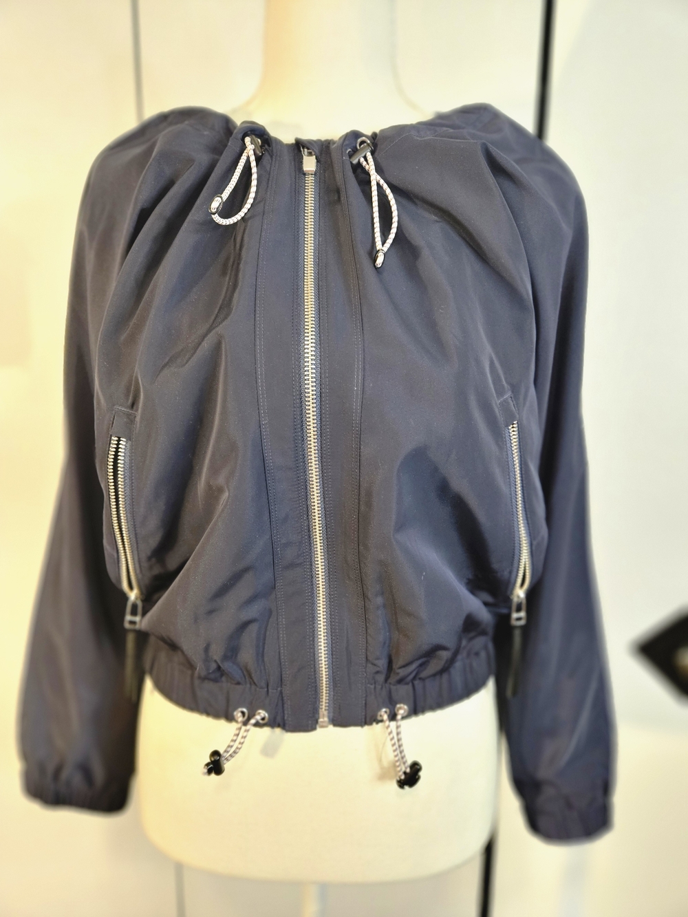 Athleta Navy Zip-Front Bomber with Drawcord Hem XS